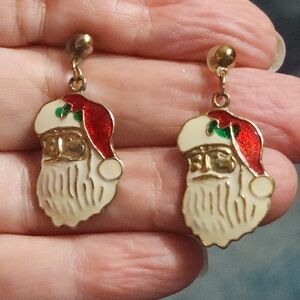 Vintage Goldtone Enamel Santa Earrings